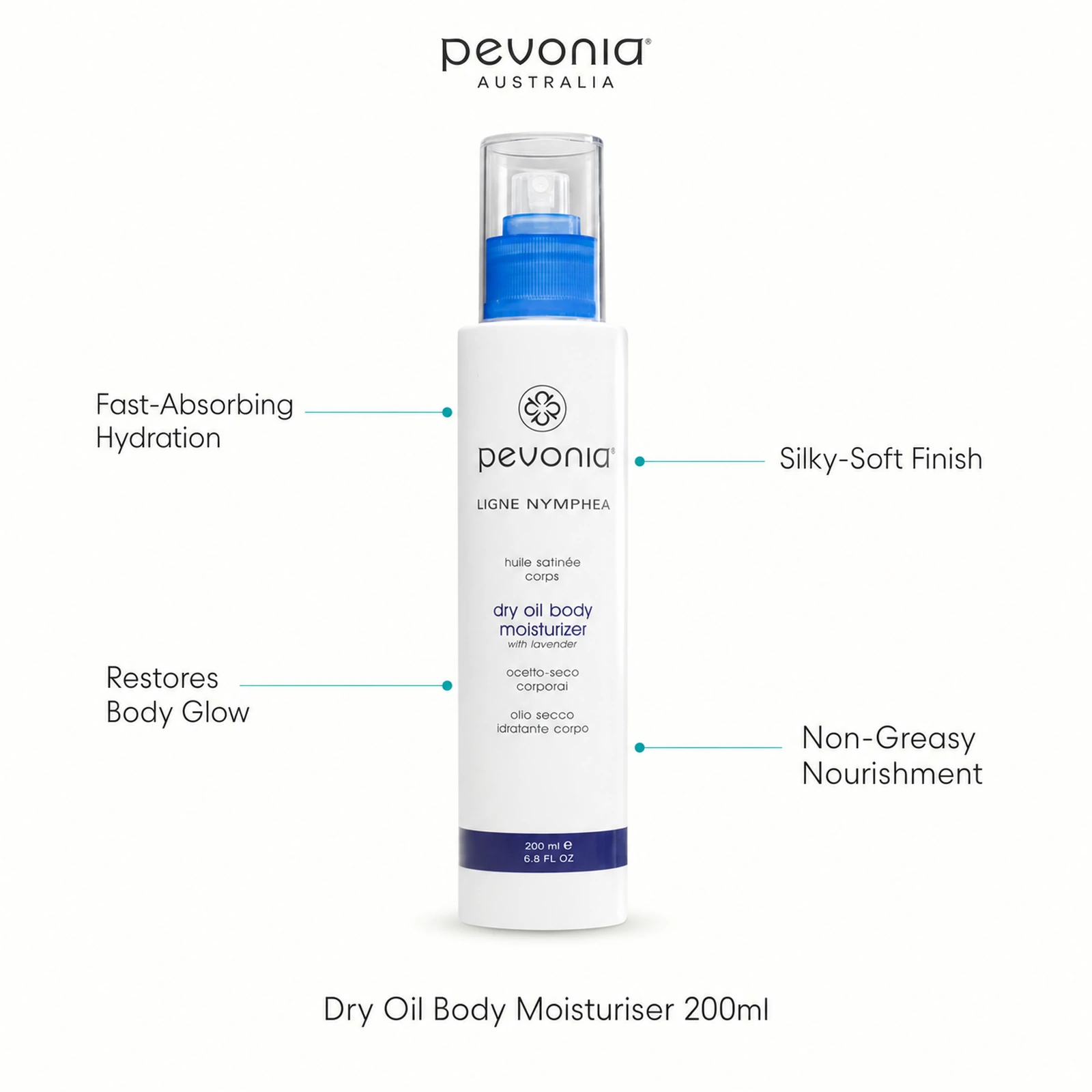 Pevonia Dry Oil Body Moisturiser 200ml with benefits for fast-absorbing hydration, silky-soft skin, body glow and non-greasy nourishment