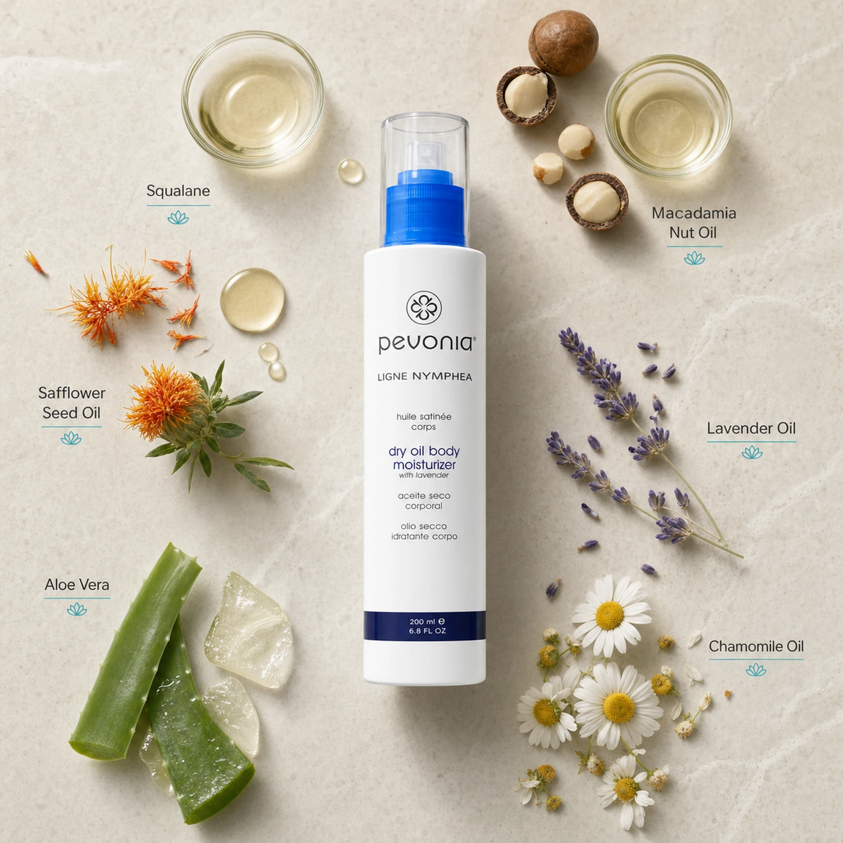 Pevonia Dry Oil Body Moisturiser 200ml ingredient flatlay with Squalane, Safflower Seed Oil, Aloe Vera, Macadamia Nut Oil, Lavender Oil and Chamomile Oil