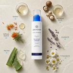 Pevonia Dry Oil Body Moisturiser 200ml ingredient flatlay with Squalane, Safflower Seed Oil, Aloe Vera, Macadamia Nut Oil, Lavender Oil and Chamomile Oil