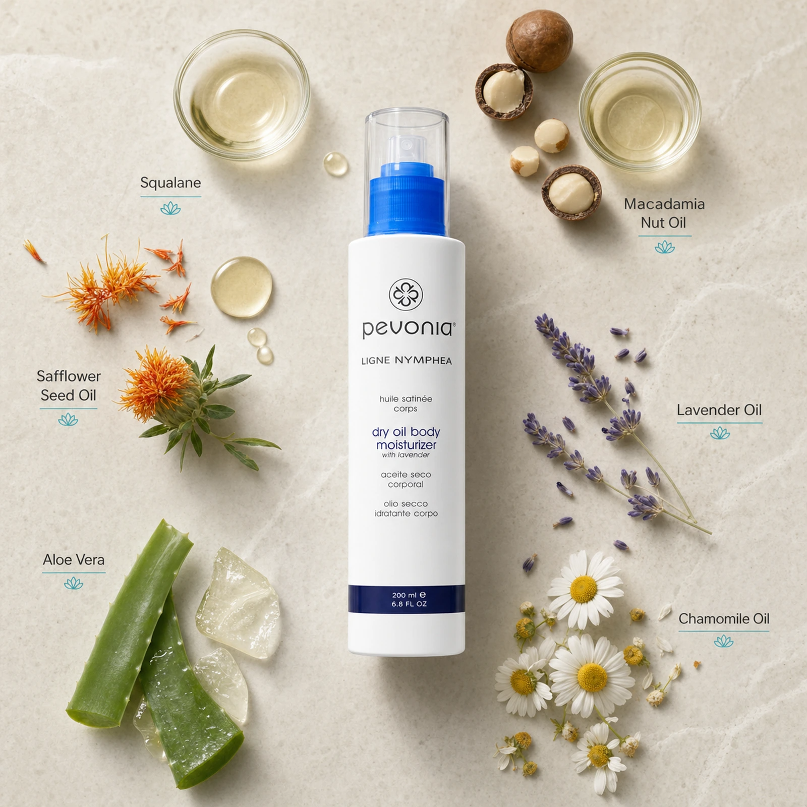 Pevonia Dry Oil Body Moisturiser 200ml ingredient flatlay with Squalane, Safflower Seed Oil, Aloe Vera, Macadamia Nut Oil, Lavender Oil and Chamomile Oil