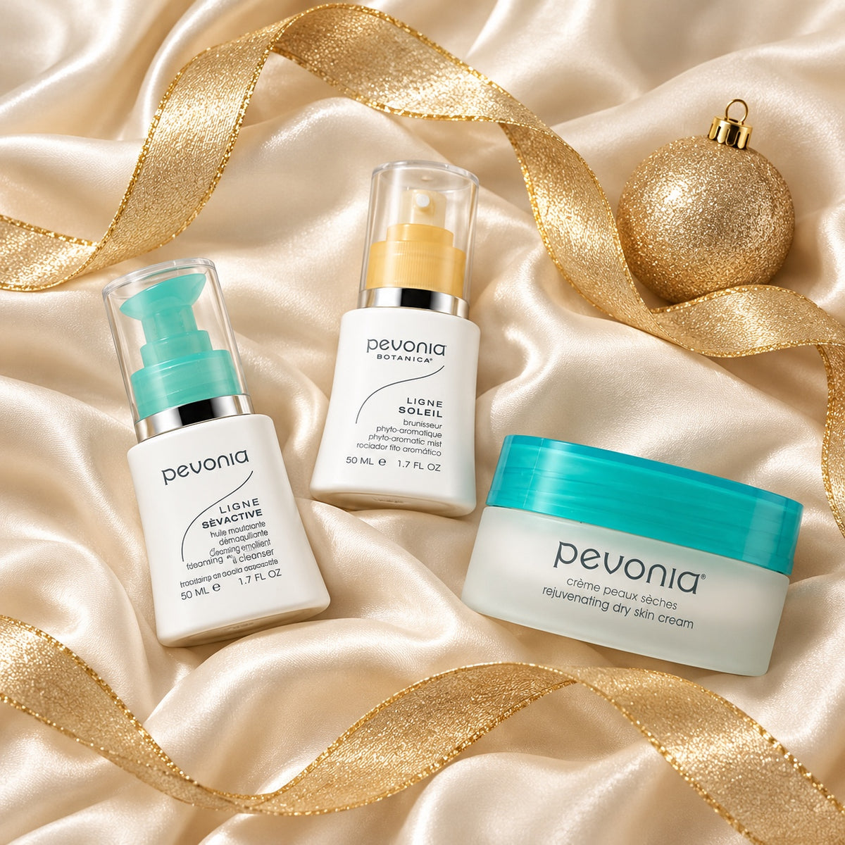 PEVONIA Dry Skin Gift Box arranged in a festive flatlay. File: pevonia-dry-skin-gift-box-christmas-flatlay-2026.jpg
