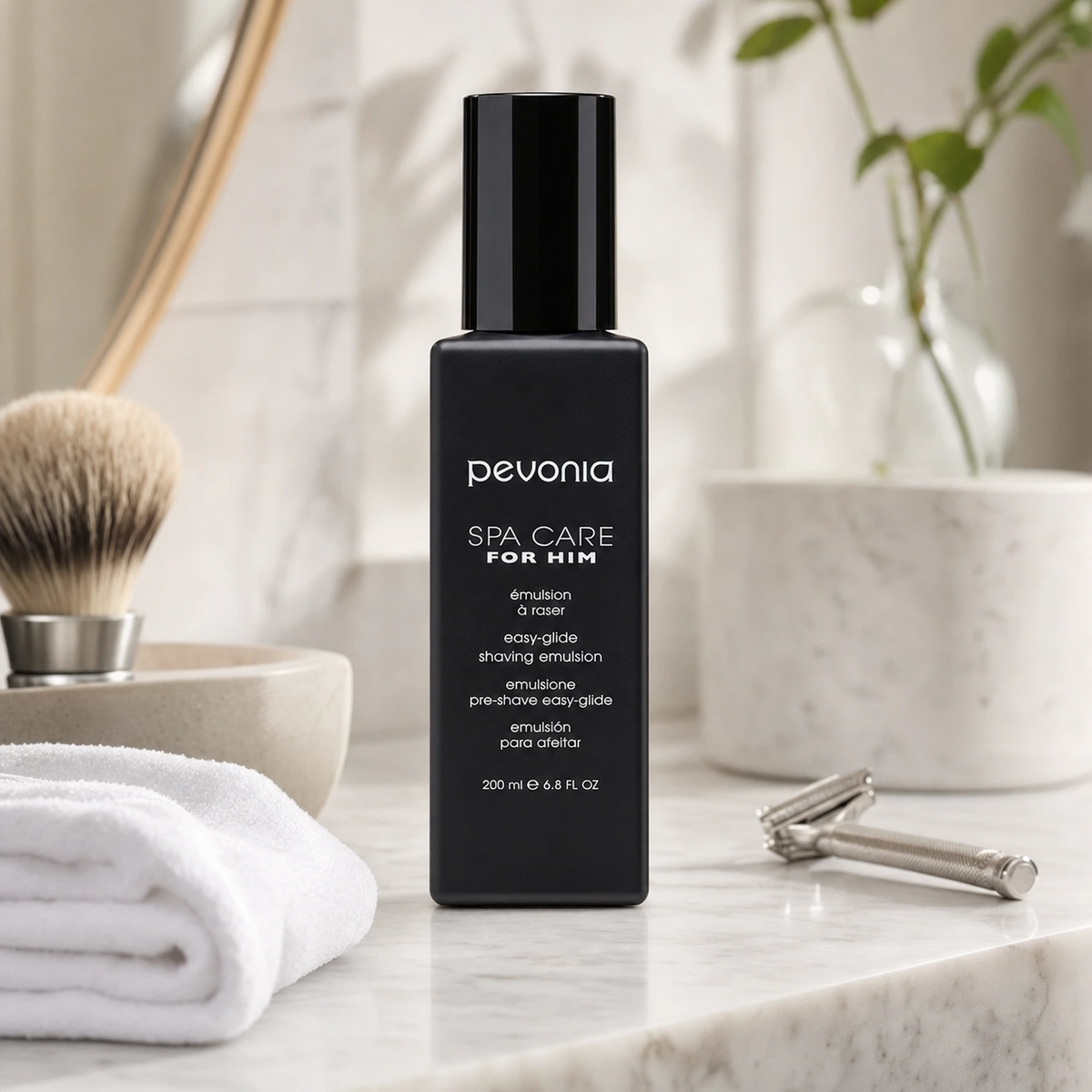 Pevonia Easy-Glide Shaving Emulsion 200ml on a luxury bathroom vanity for a smooth comfortable shave