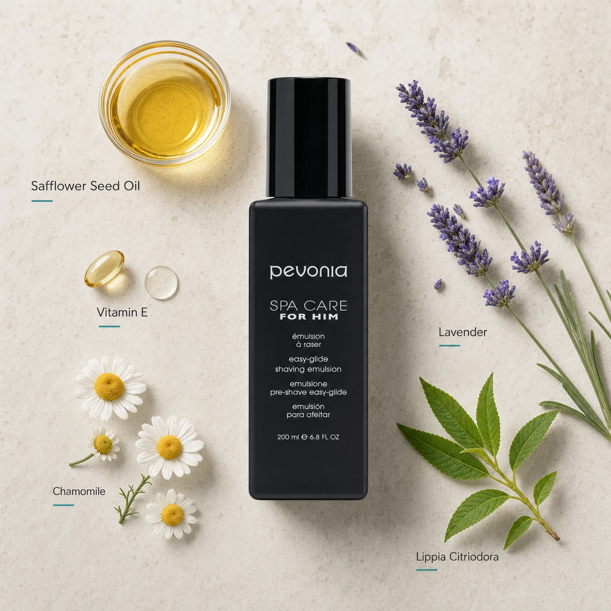 Pevonia Easy-Glide Shaving Emulsion 200ml ingredient flatlay with Safflower Seed Oil, Vitamin E, Chamomile, Lavender and Lippia Citriodora