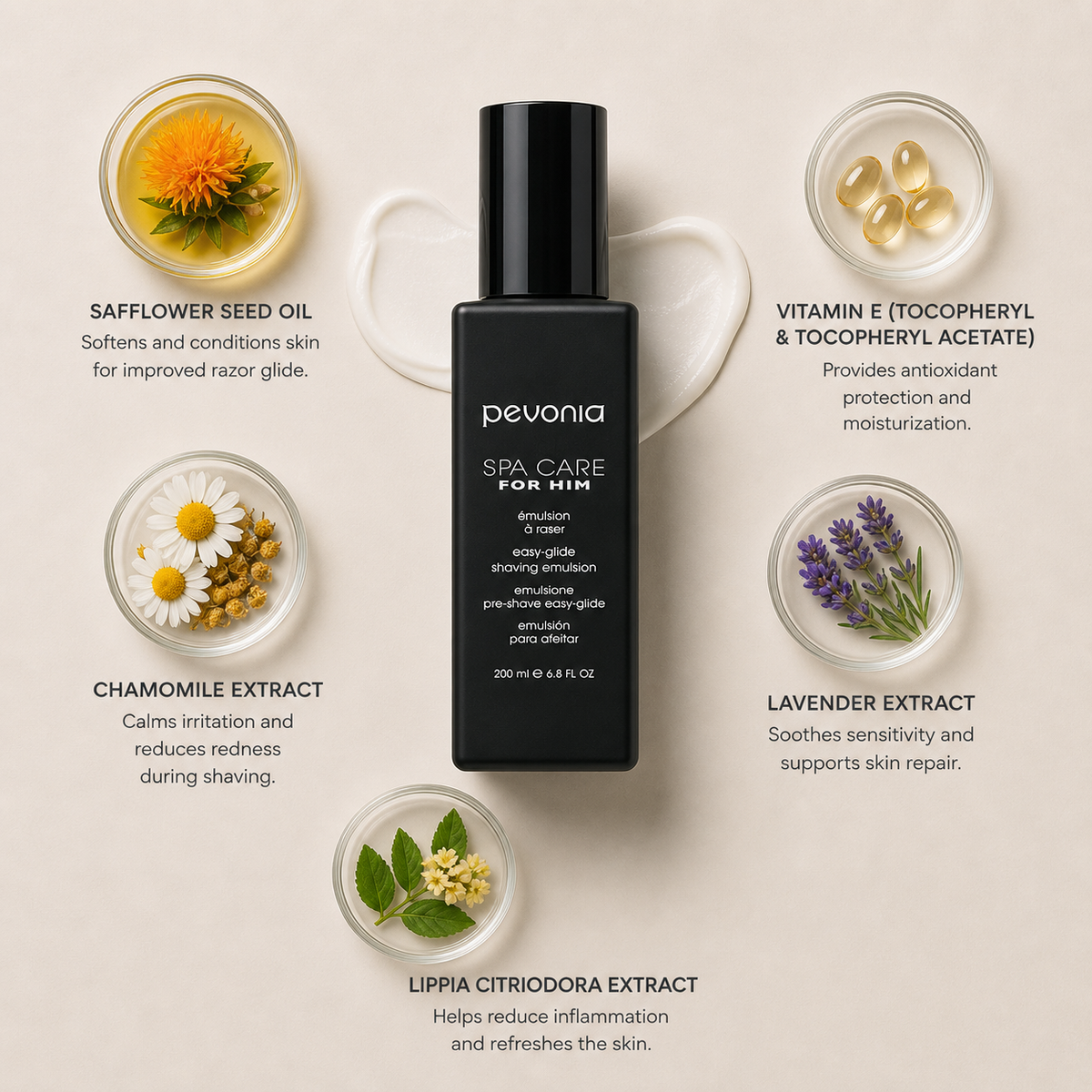 Pevonia Spa Care For Him Easy-Glide Shaving Emulsion flatlay featuring safflower seed oil, vitamin E, chamomile extract, lavender extract and lippia citriodora extract arranged in glass dishes around product on a soft neutral background