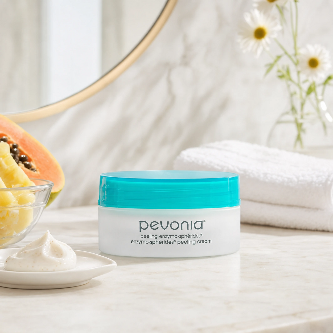 Pevonia Enzymo Spherides Peeling Cream 50ml on a luxury bathroom vanity for dull, congested and uneven skin