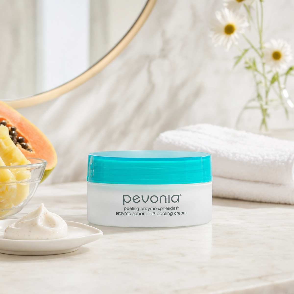 Pevonia Enzymo Spherides Peeling Cream 50ml on a luxury bathroom vanity for dull, congested and uneven skin