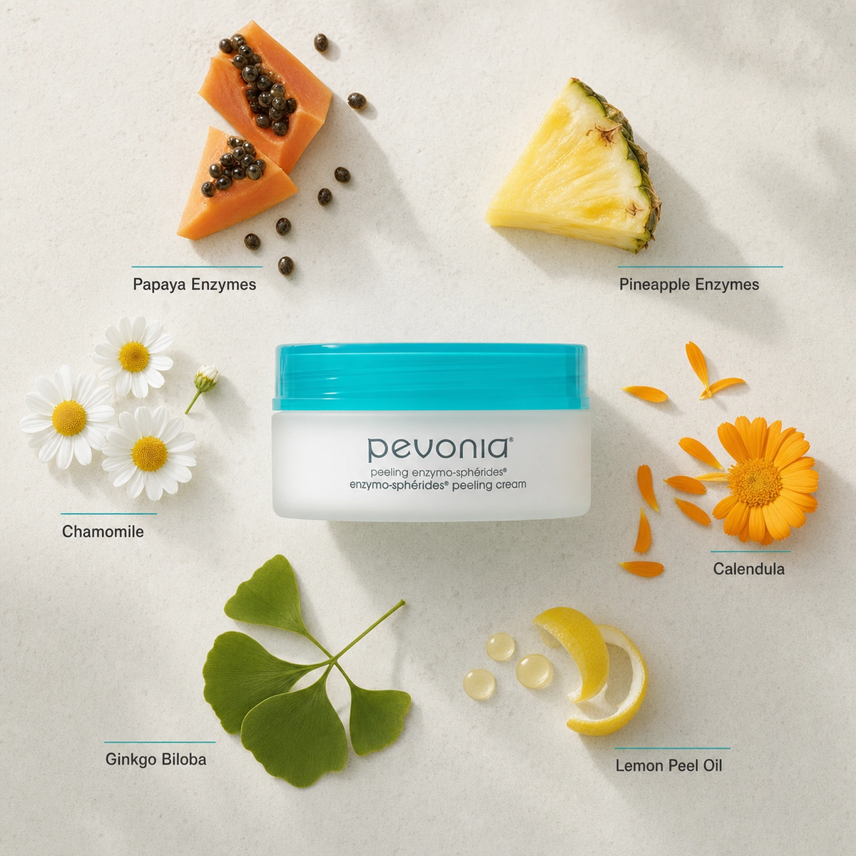 Pevonia Enzymo Spherides Peeling Cream 50ml ingredient flatlay with Papaya Enzymes, Pineapple Enzymes, Chamomile, Calendula, Ginkgo Biloba and Lemon Peel Oil