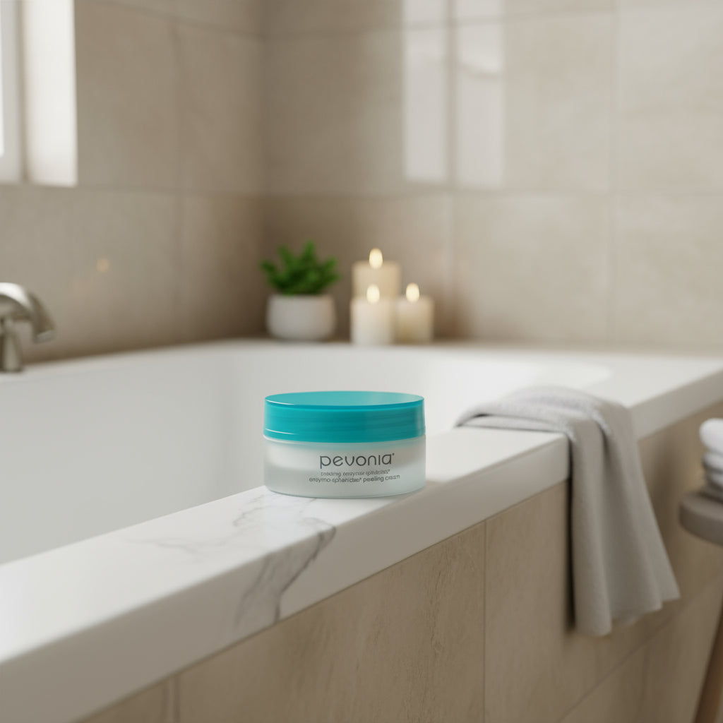 Jar of Devonia skincare product on a bathroom counter with candles and a towel in the background