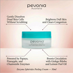 Pevonia Australia peeling cream jar with text highlighting its benefits on a gradient background