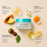 Minimal Pevonia Enzymo-Sphérides Peeling Cream ingredient flatlay featuring papaya, pineapple, chamomile, calendula, horse chestnut, ginkgo biloba and lemon peel oil arranged with clean spacing around the peeling cream jar on a soft neutral background