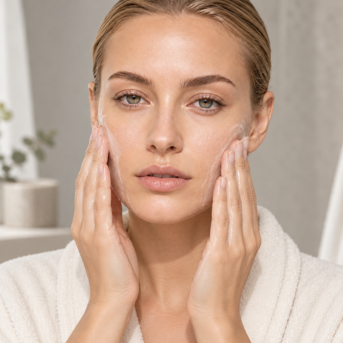 Woman cleansing with Pevonia Sensitive Skin Cleanser for gentle professional homecare of sensitive, reactive skin