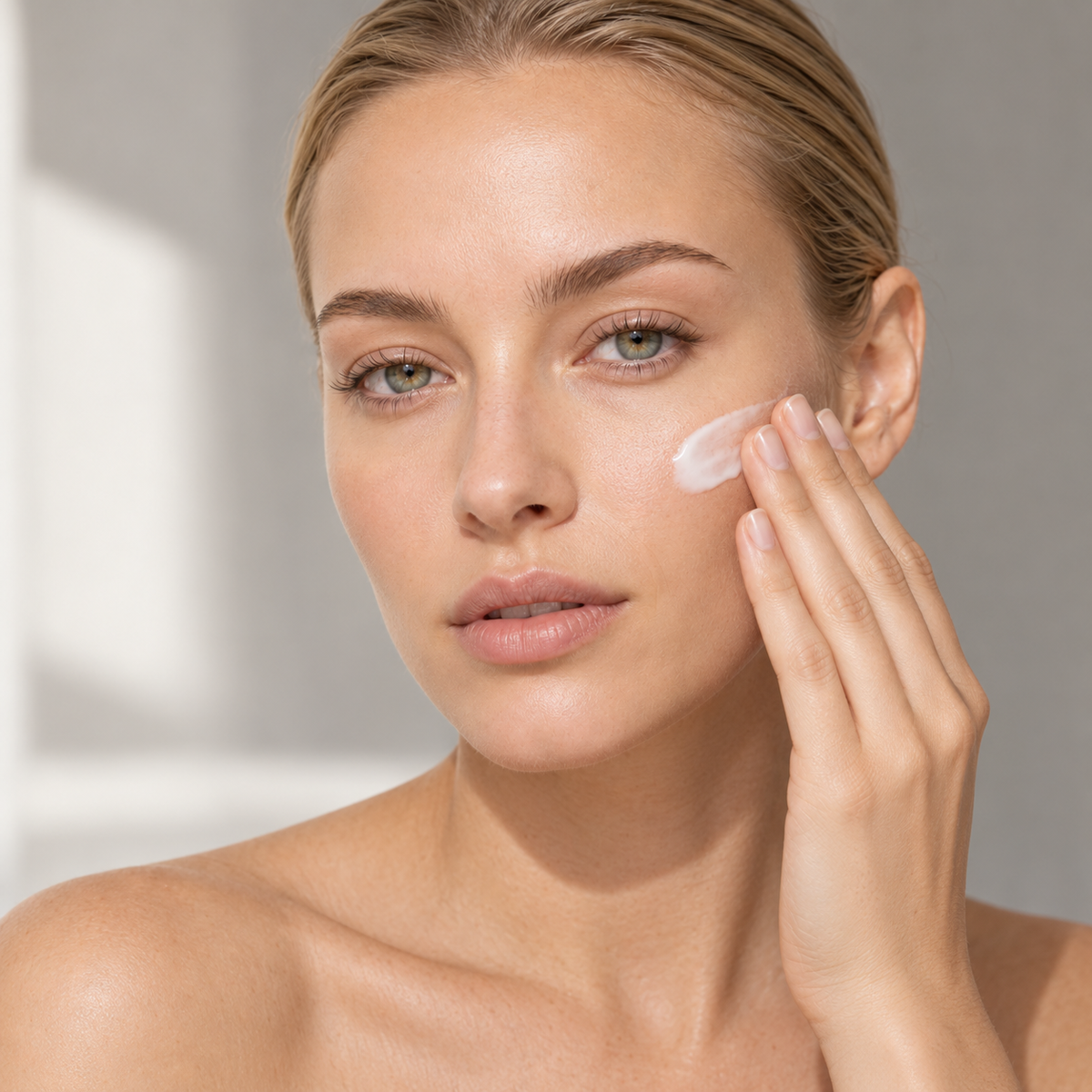 Woman applying Pevonia Soothing Sensitive Skin Cream for calm, hydrated sensitive skin