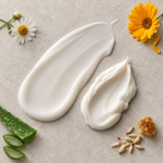 Pevonia Sensitive Skin Cleanser and Soothing Sensitive Skin Cream textures with chamomile, calendula, aloe vera and propolis