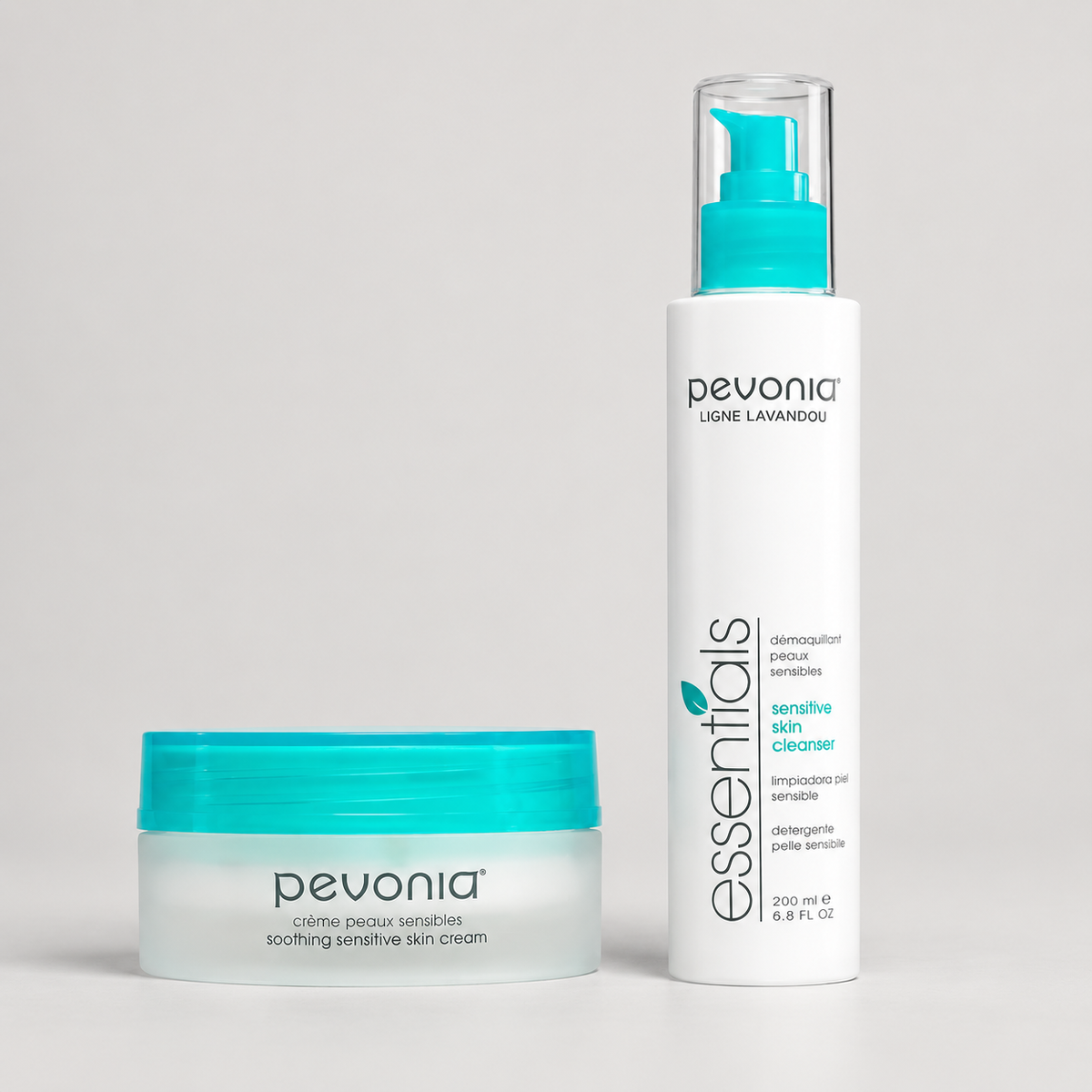 Pevonia Essential Sensitive Skin Duo with Sensitive Skin Cleanser and Soothing Sensitive Skin Cream for professional homecare of sensitive, reactive and redness-prone skin