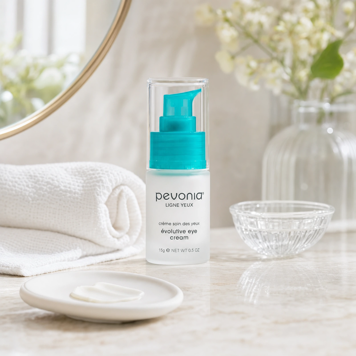 Pevonia Evolutive Eye Cream 15ml on a luxury bathroom vanity for dry, tired and ageing under-eye skin
