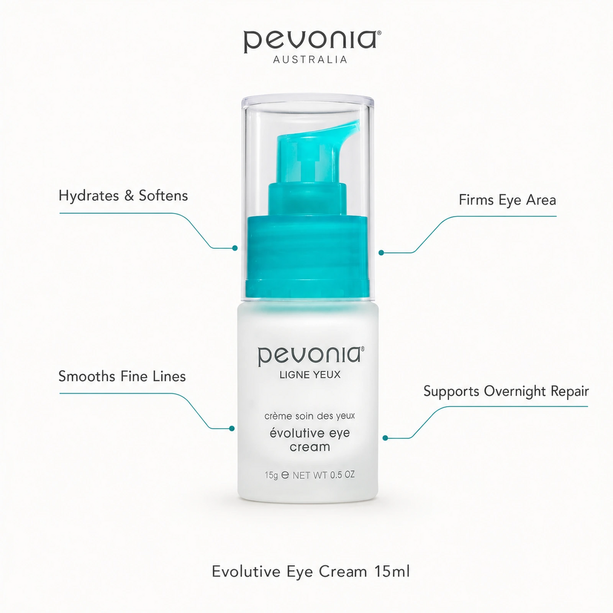 Pevonia Evolutive Eye Cream 15ml with benefits for hydration, fine lines, firmness and overnight repair