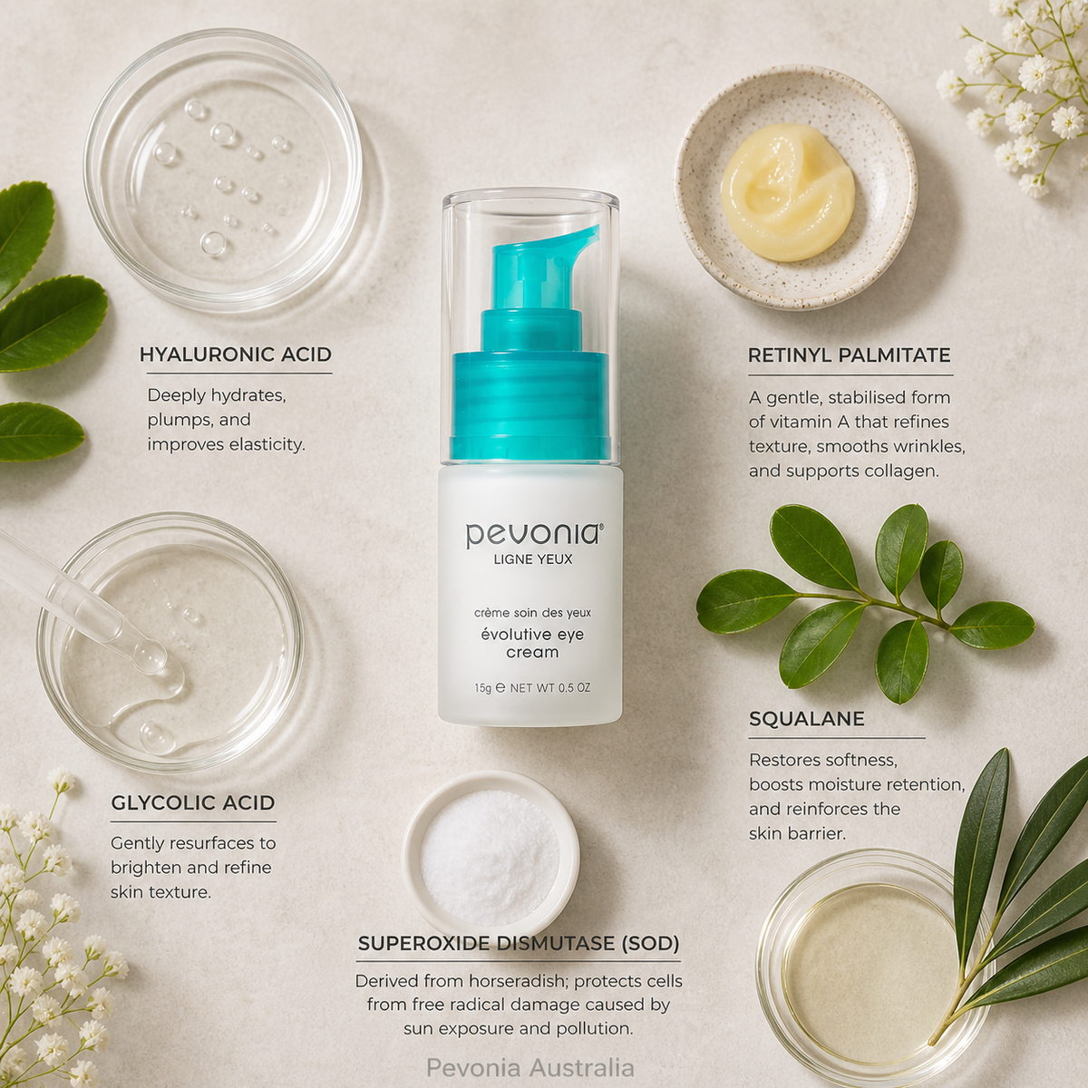 Pevonia Evolutive Eye Cream 15ml ingredient flatlay with hyaluronic acid, retinyl palmitate, squalane, glycolic acid and superoxide dismutase on a beige background with Pevonia Australia watermark