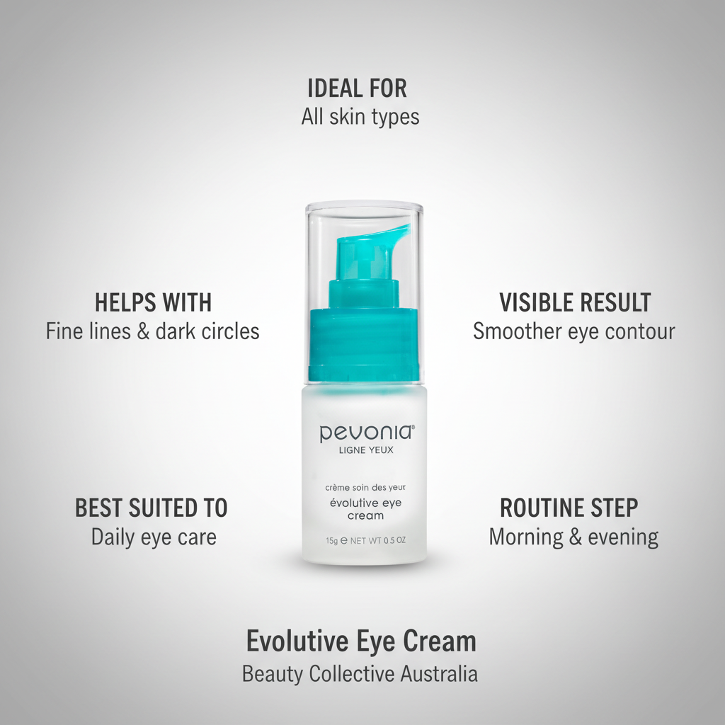 Pevonia Evolutive Eye Cream usage and results image showing fine lines reduction smoother eye contour and daily eye care routine Australia