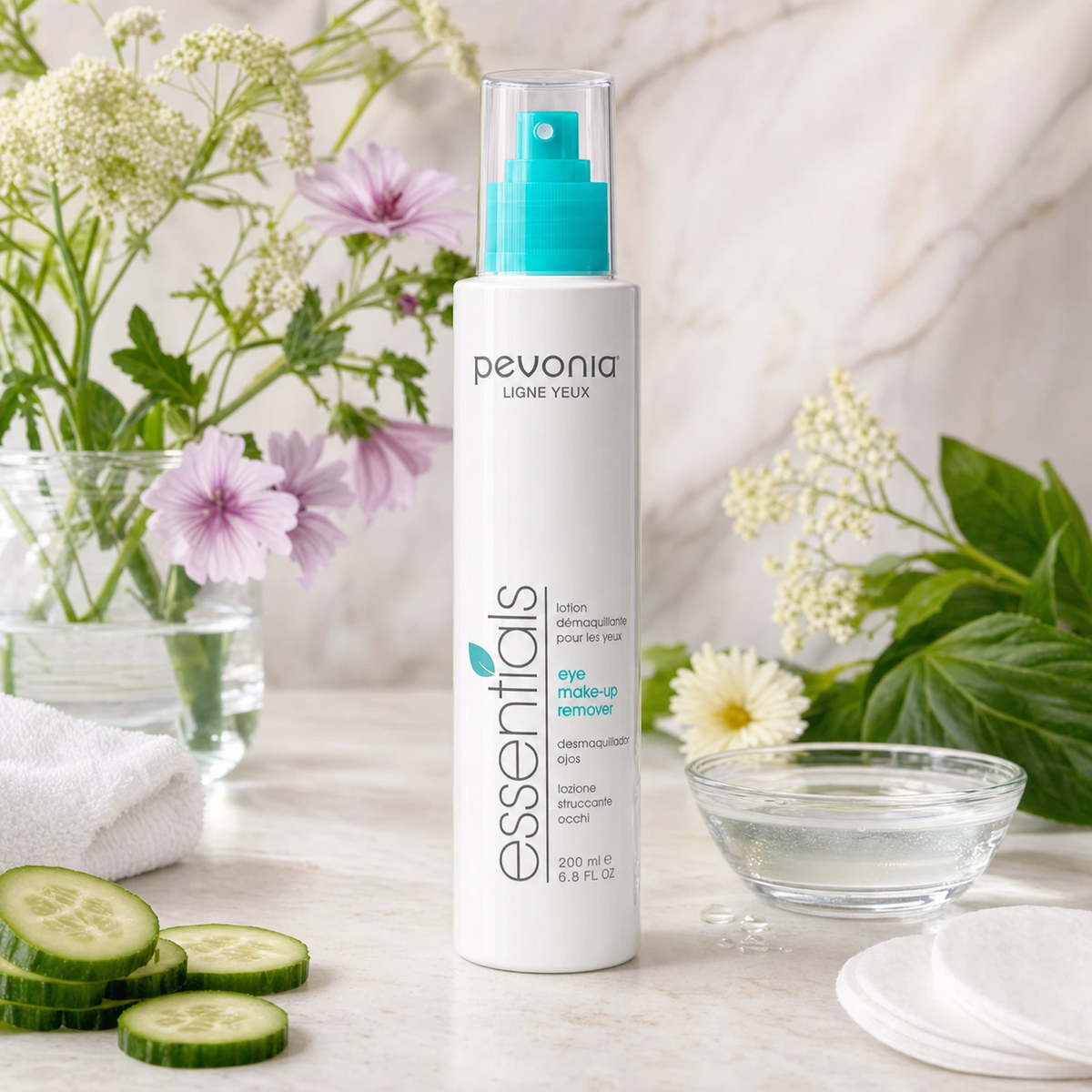 Pevonia Eye Makeup Remover 200ml on a luxury bathroom vanity for sensitive eyes and gentle daily makeup removal