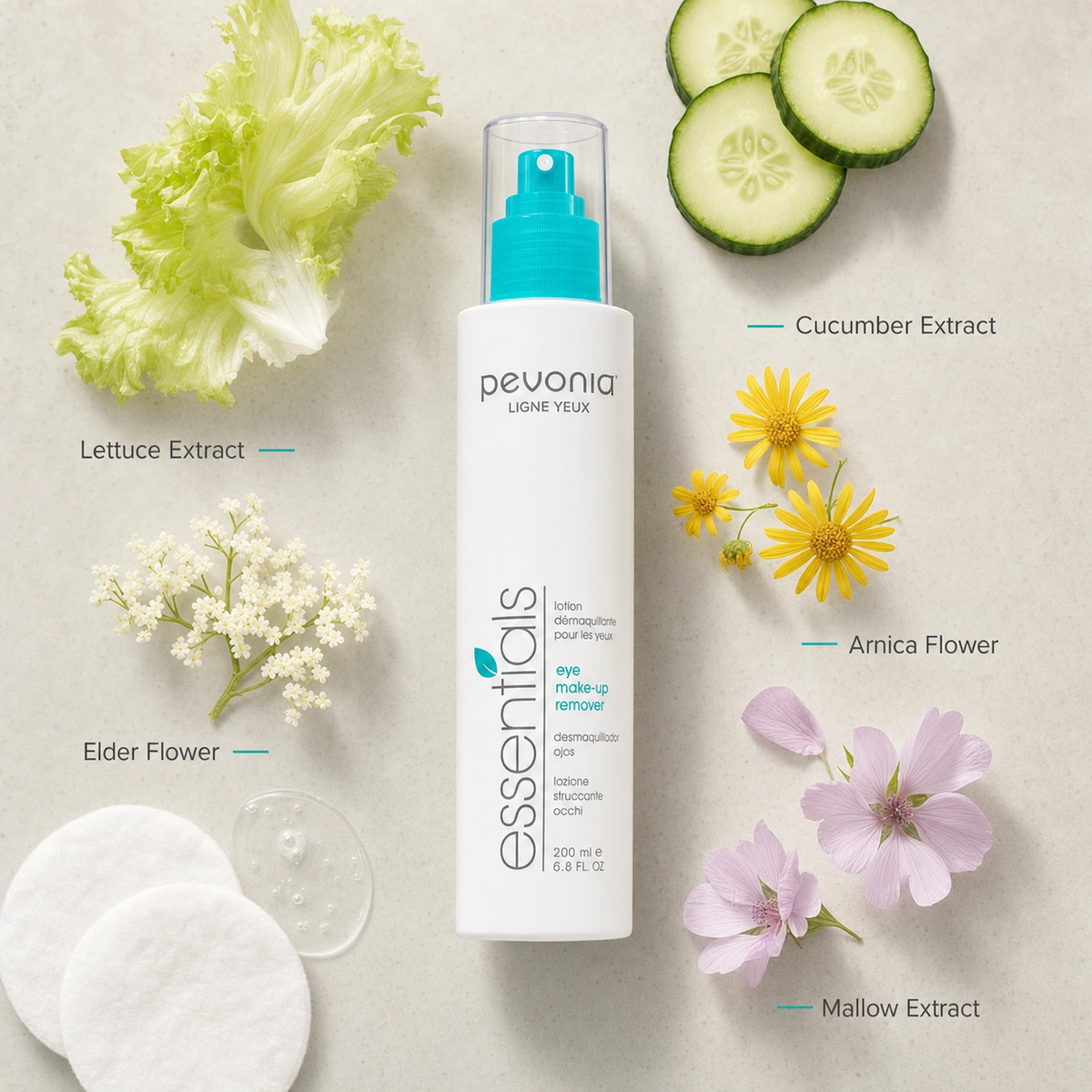 Pevonia Eye Makeup Remover 200ml ingredient flatlay with Lettuce Extract, Cucumber Extract, Arnica Flower, Elder Flower and Mallow Extract