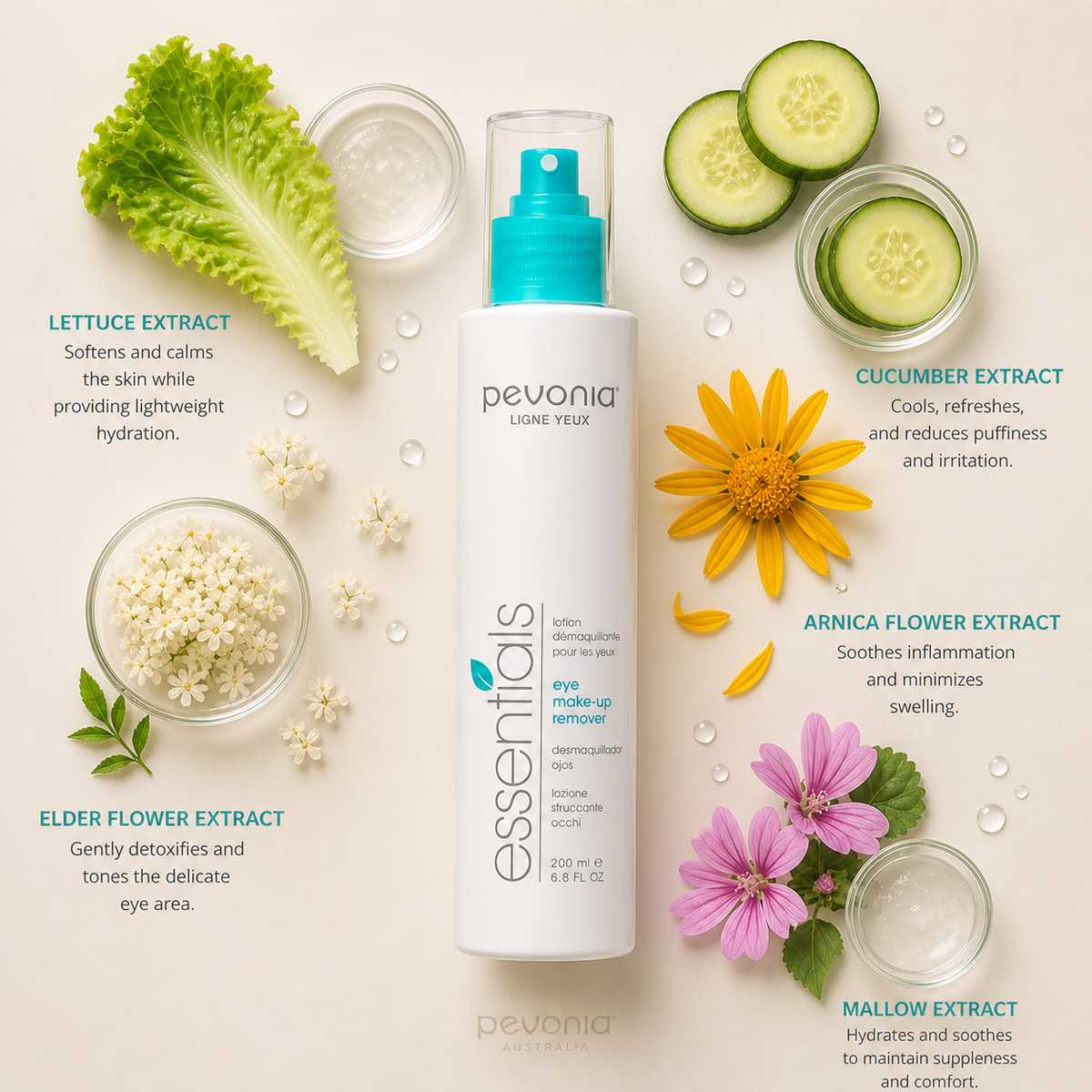 Pevonia Eye Make-Up Remover ingredient flatlay showing lettuce extract, cucumber, arnica flower, elder flower, and mallow extract arranged around eye cleanser bottle on neutral background