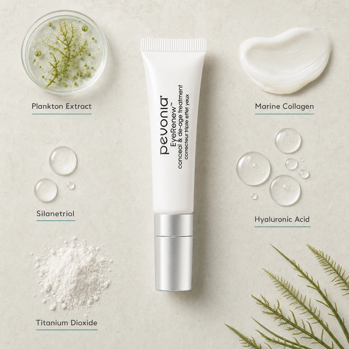 Pevonia EyeRenew Conceal and De-Age Treatment 10ml ingredient flatlay with Plankton Extract, Marine Collagen, Hyaluronic Acid, Silanetriol and Titanium Dioxide