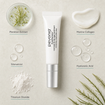 Pevonia EyeRenew Conceal and De-Age Treatment 10ml ingredient flatlay with Plankton Extract, Marine Collagen, Hyaluronic Acid, Silanetriol and Titanium Dioxide