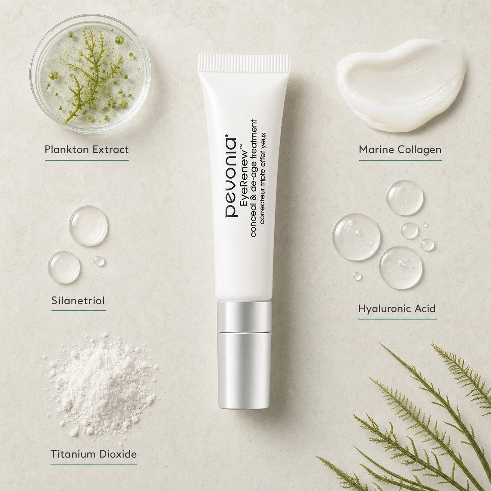 Pevonia EyeRenew Conceal and De-Age Treatment 10ml ingredient flatlay with Plankton Extract, Marine Collagen, Hyaluronic Acid, Silanetriol and Titanium Dioxide