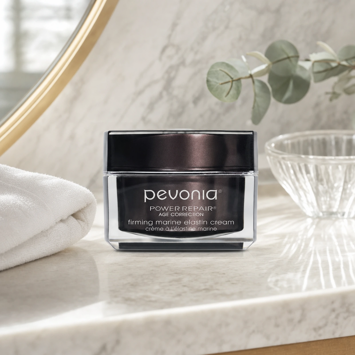 Pevonia Age Correction Firming Marine Elastin Cream 50ml on a luxury bathroom vanity for mature skin lacking firmness and elasticity