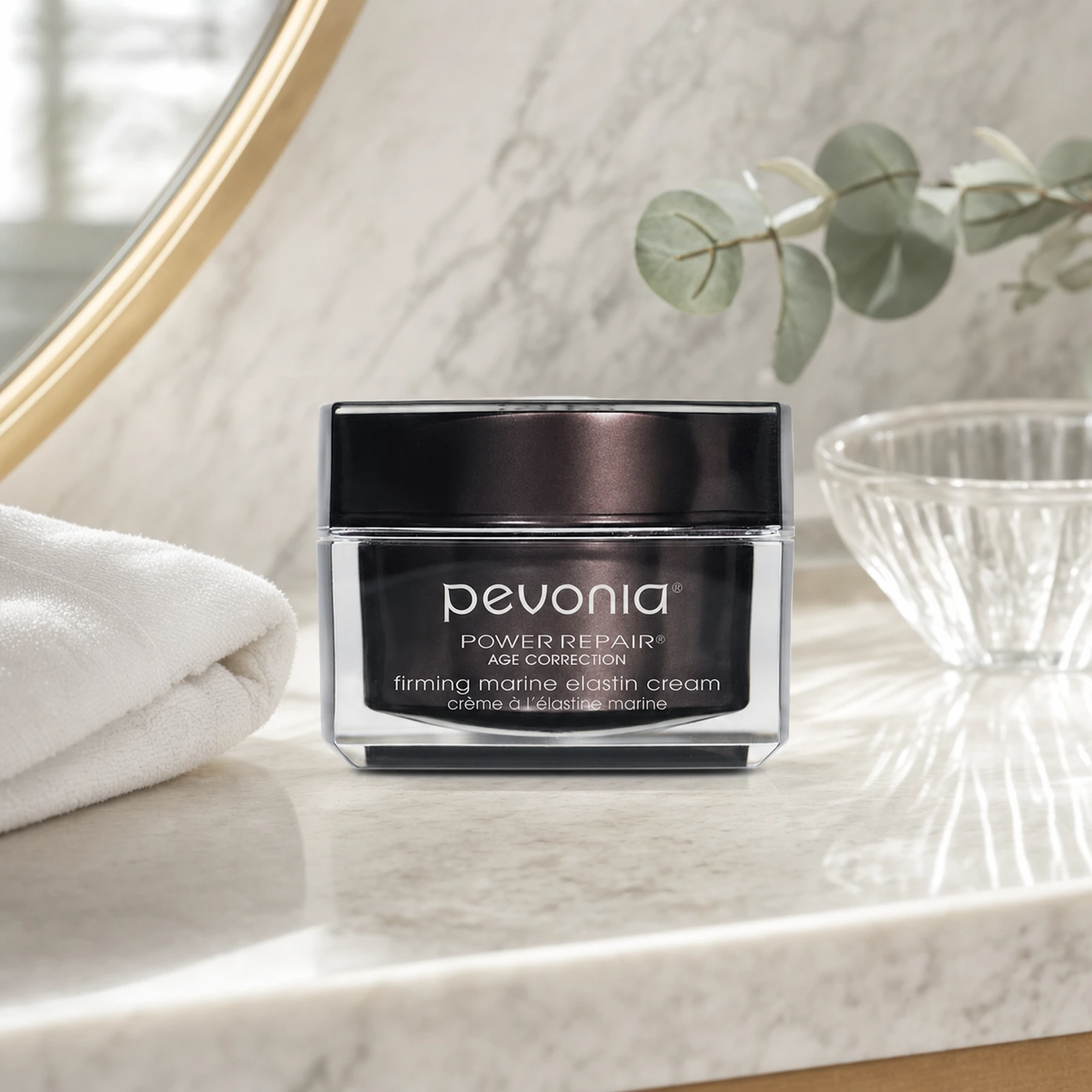 Pevonia Age Correction Firming Marine Elastin Cream 50ml on a luxury bathroom vanity for mature skin lacking firmness and elasticity