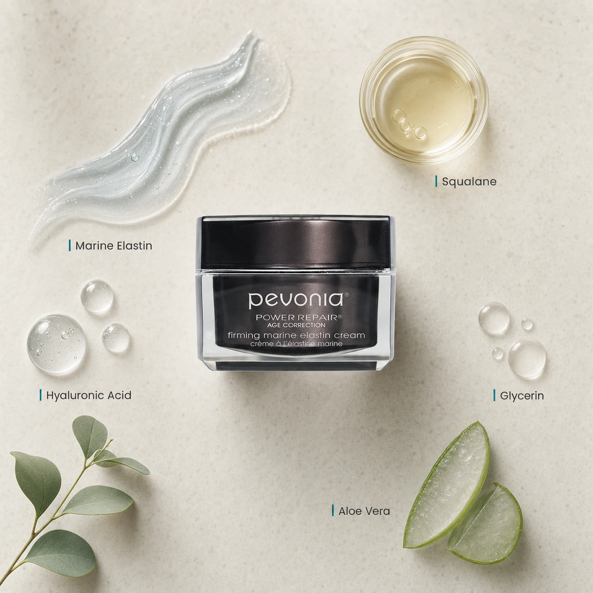 Pevonia Age Correction Firming Marine Elastin Cream 50ml ingredient flatlay with Marine Elastin, Squalane, Hyaluronic Acid, Glycerin and Aloe Vera