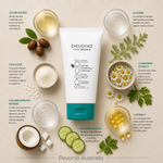 Pevonia Gentle Exfoliating Cleanser 150g ingredient flatlay with jojoba esters, glycerin, cellulose, chamomile extract, cocamidopropyl betaine, cucumber extract and vitamin E on beige background with Pevonia Australia watermark