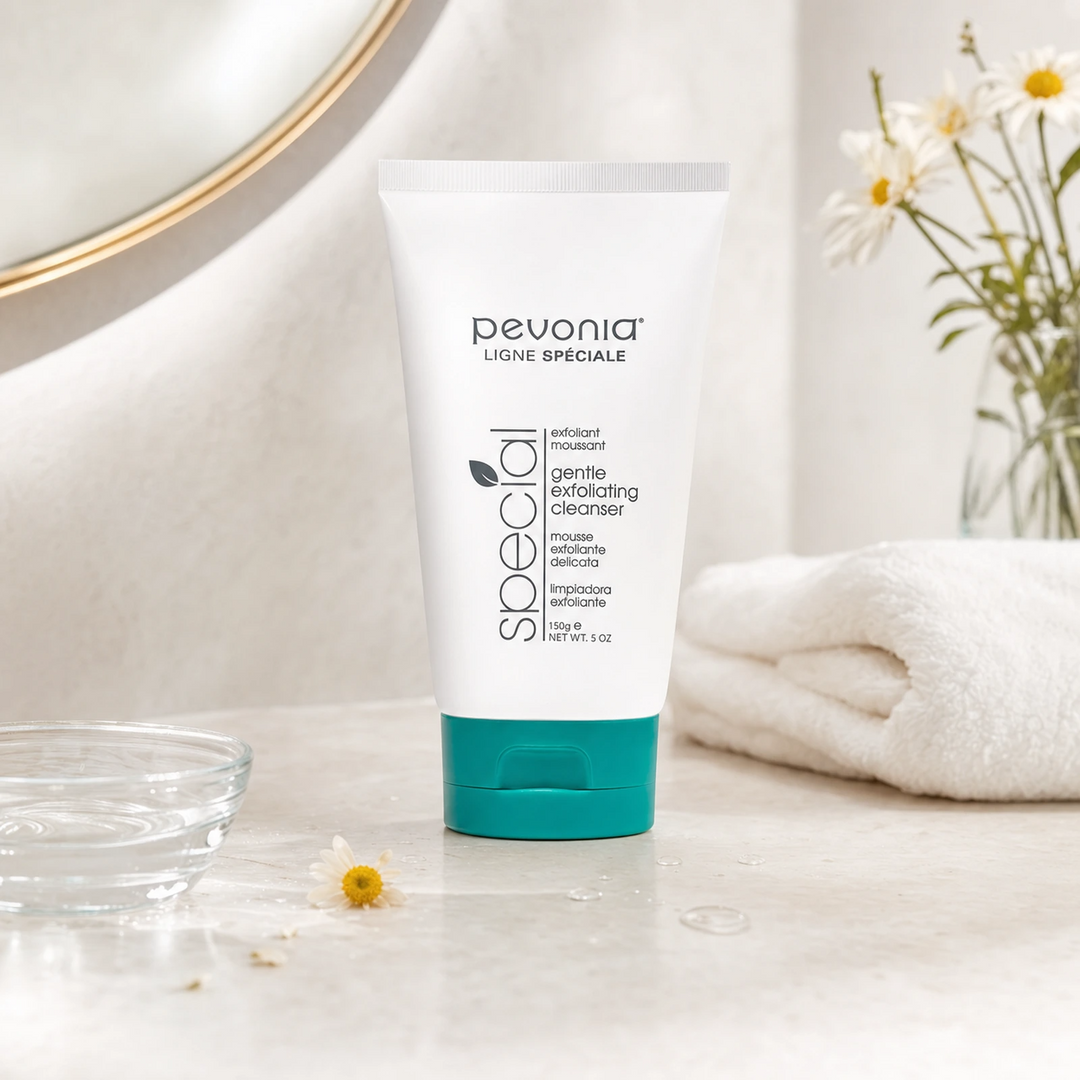 Pevonia Gentle Exfoliating Cleanser 150ml on a luxury bathroom vanity for sensitive, dull and uneven skin