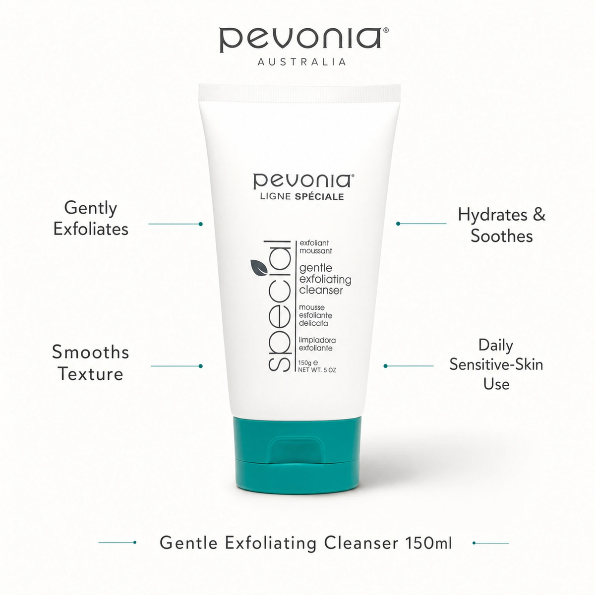 Pevonia Gentle Exfoliating Cleanser 150ml with benefits for gentle exfoliation, smoother texture, hydration and daily sensitive-skin use