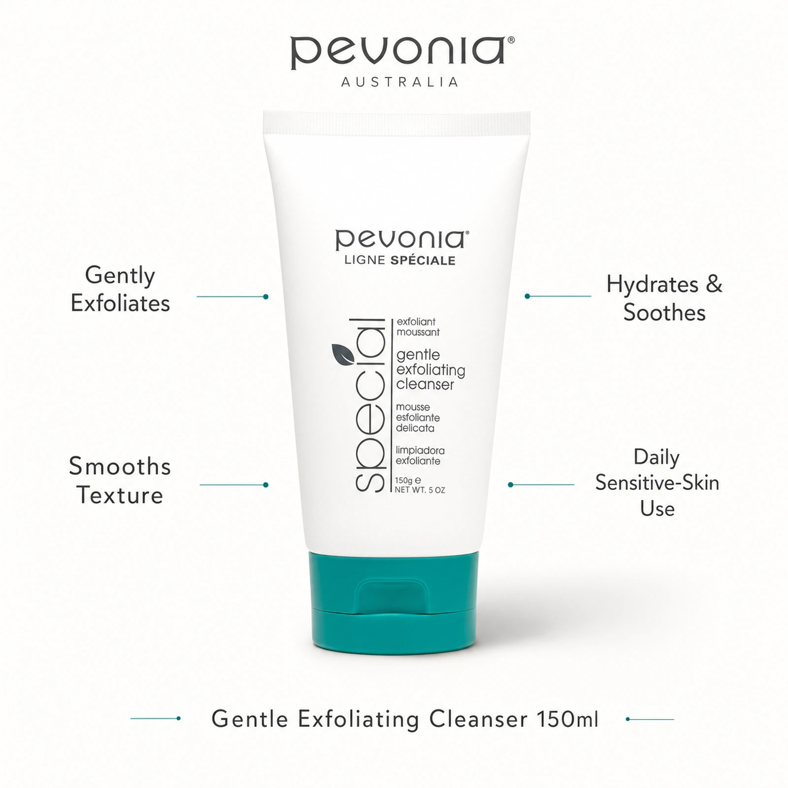 Pevonia Gentle Exfoliating Cleanser 150ml with benefits for gentle exfoliation, smoother texture, hydration and daily sensitive-skin use