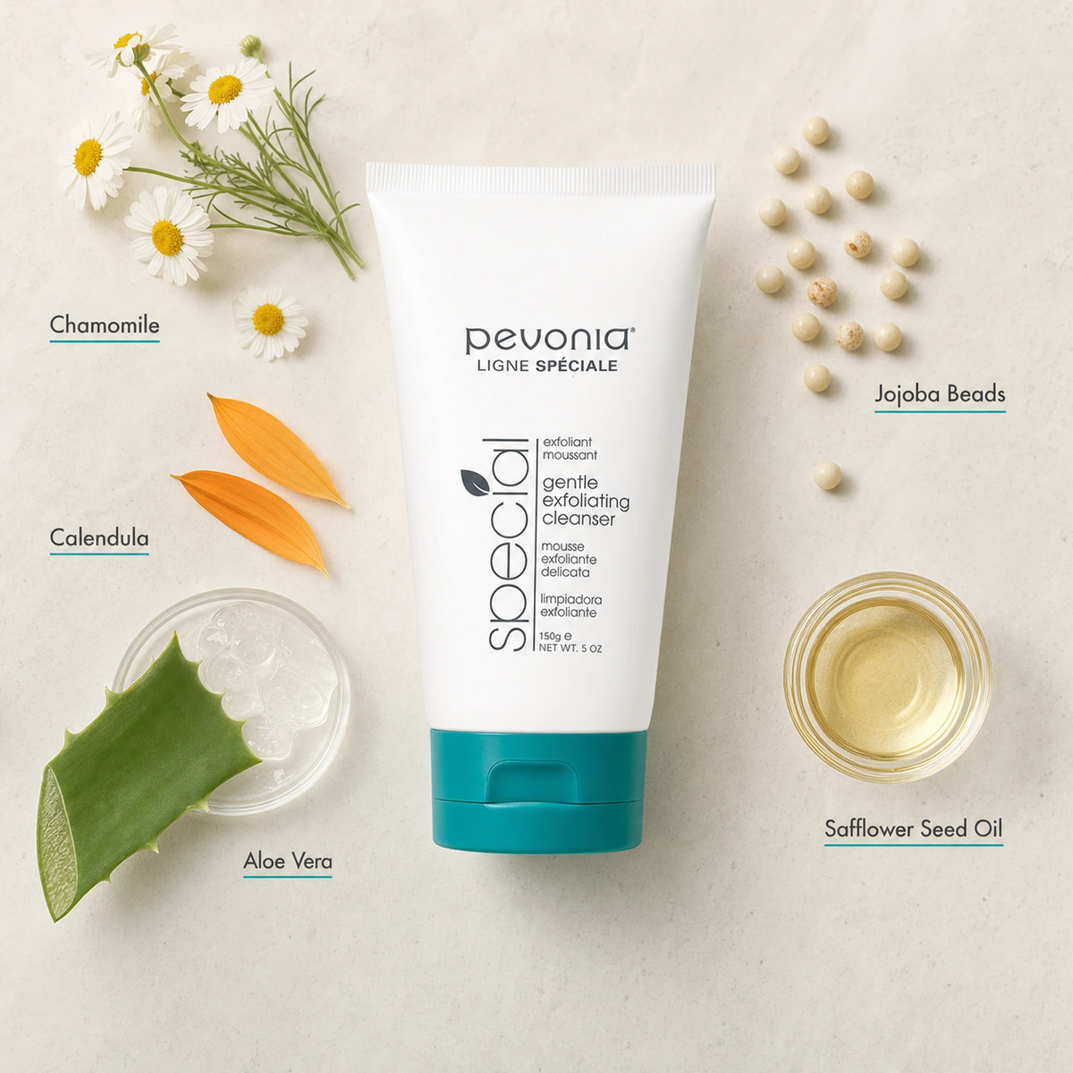 Pevonia Gentle Exfoliating Cleanser 150ml ingredient flatlay with Chamomile, Calendula, Aloe Vera, Jojoba Beads and Safflower Seed Oil