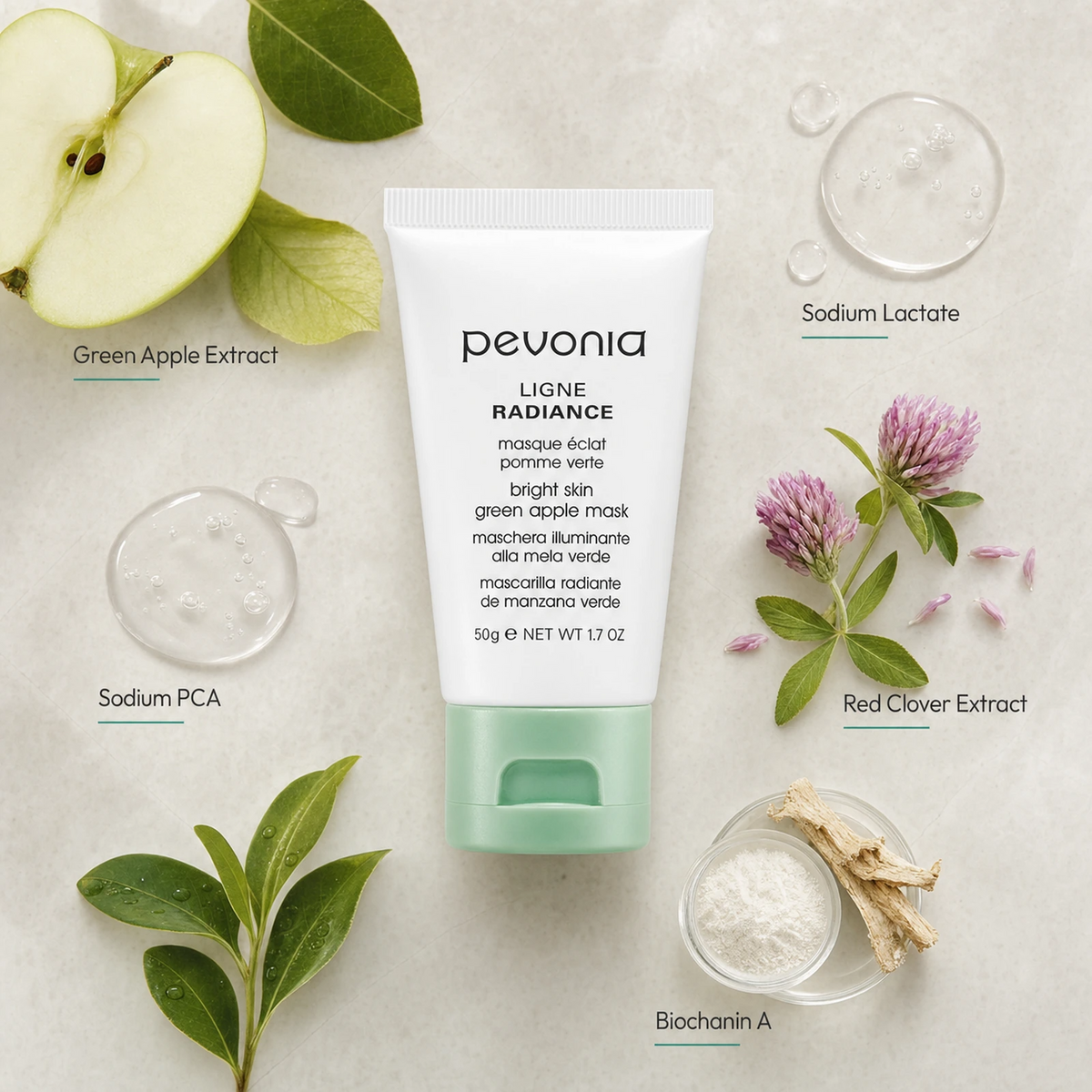 Pevonia Green Apple Mask 50ml ingredient flatlay with Green Apple Extract, Sodium Lactate, Sodium PCA, Red Clover Extract and Biochanin A