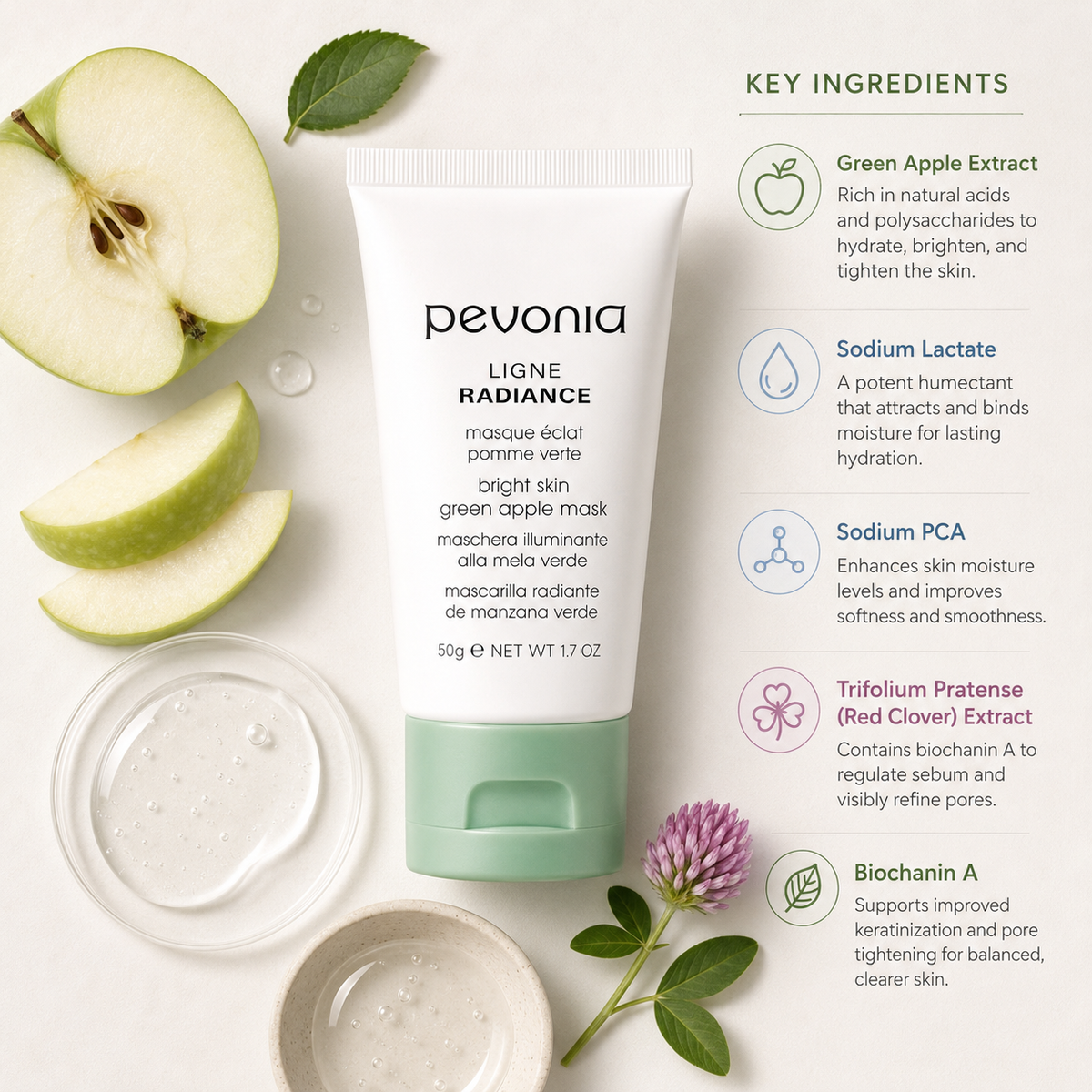 Pevonia Bright Skin Green Apple Mask ingredient flatlay featuring green apple extract, sodium lactate, sodium PCA, red clover extract and biochanin A arranged around product on a soft neutral background