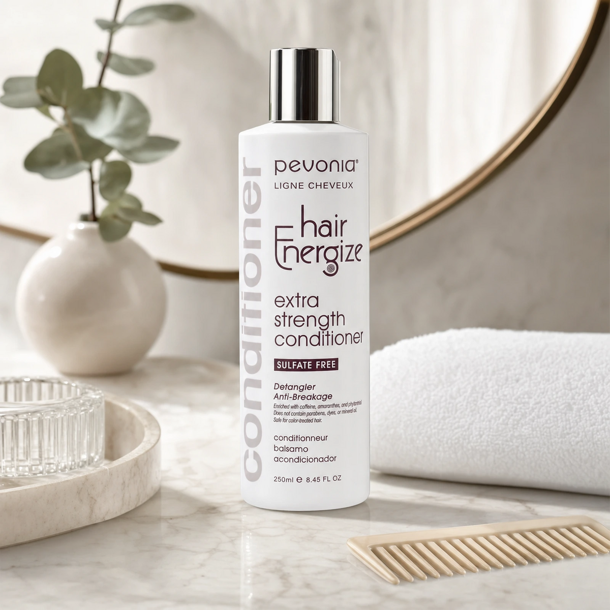 Pevonia Hair Energize Extra-Strength Conditioner 250ml on a luxury bathroom vanity for thinning, weak and breakage-prone hair
