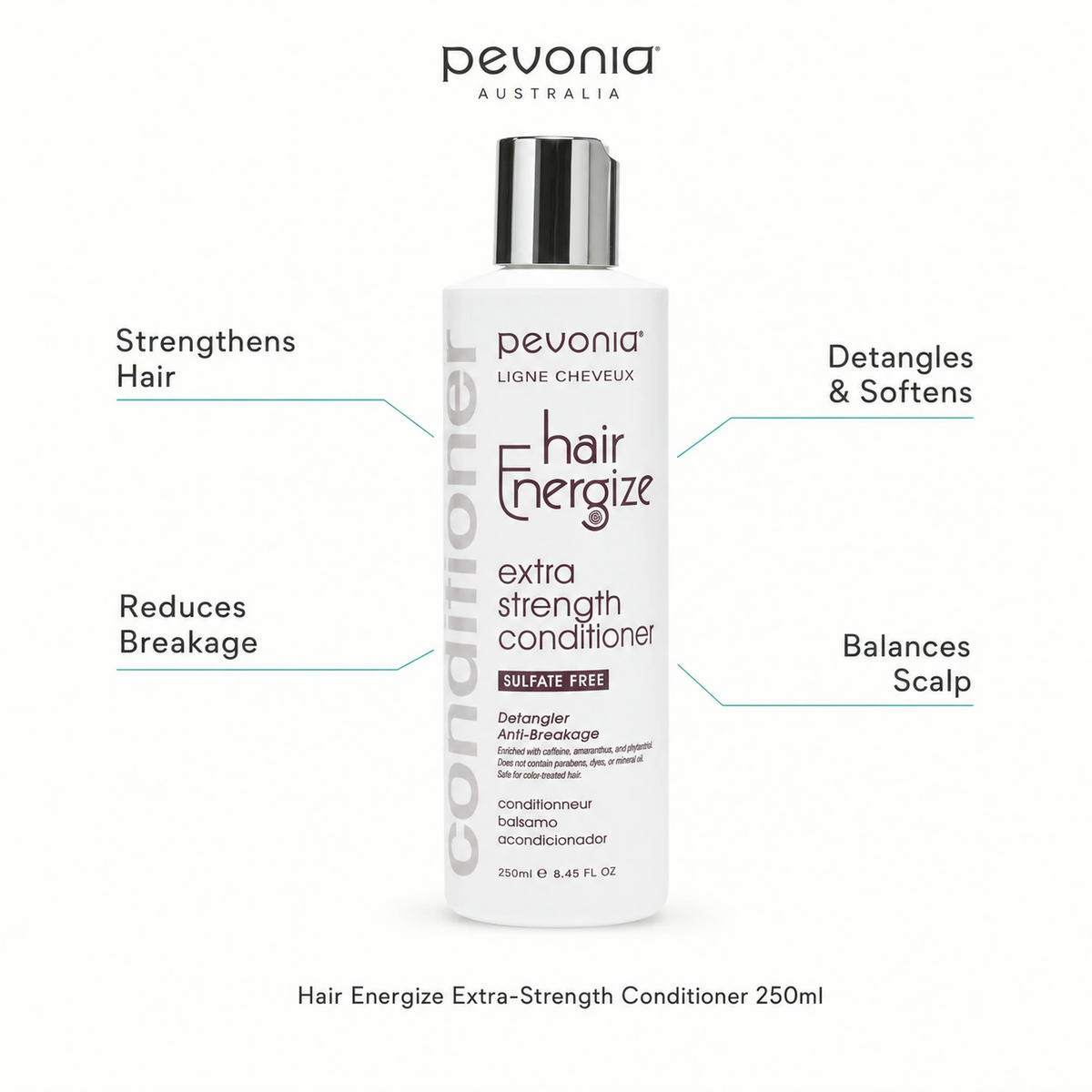 Pevonia Hair Energize Extra-Strength Conditioner 250ml with benefits for stronger hair, reduced breakage, detangling, softness and scalp balance