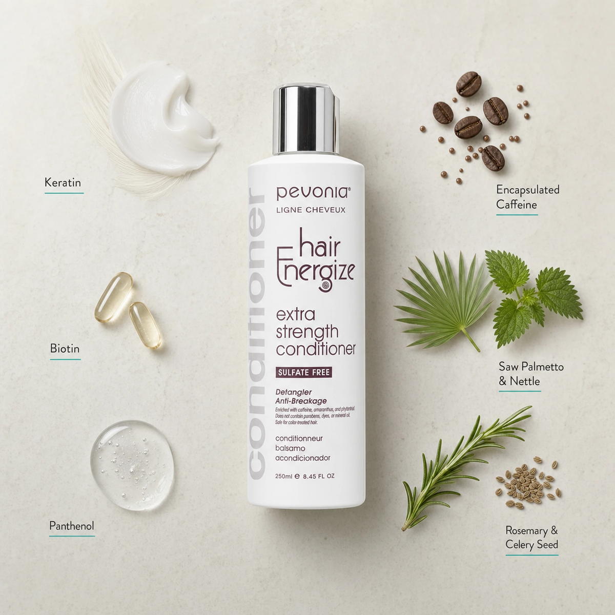 Pevonia Hair Energize Extra-Strength Conditioner 250ml ingredient flatlay with Keratin, Biotin, Panthenol, Encapsulated Caffeine, Saw Palmetto, Nettle, Rosemary and Celery Seed