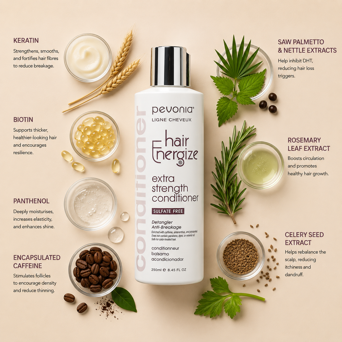 Pevonia Hair Energize Extra-Strength Conditioner ingredient flatlay featuring keratin, biotin, panthenol, encapsulated caffeine, saw palmetto extract, nettle extract, rosemary leaf extract and celery seed extract arranged around product on a soft neutral background