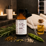  Pevonia Hair Energize Extra-Strength Overnight Serum 60ml amber dropper bottle on a dark slate spa surface with fresh rosemary sprigs, encapsulated caffeine beads, a pumpkin seed, sesame seeds, a green pea pod, a vial of golden sesame oil, and a folded white linen cloth in a warm candlelit luxury spa bathroom