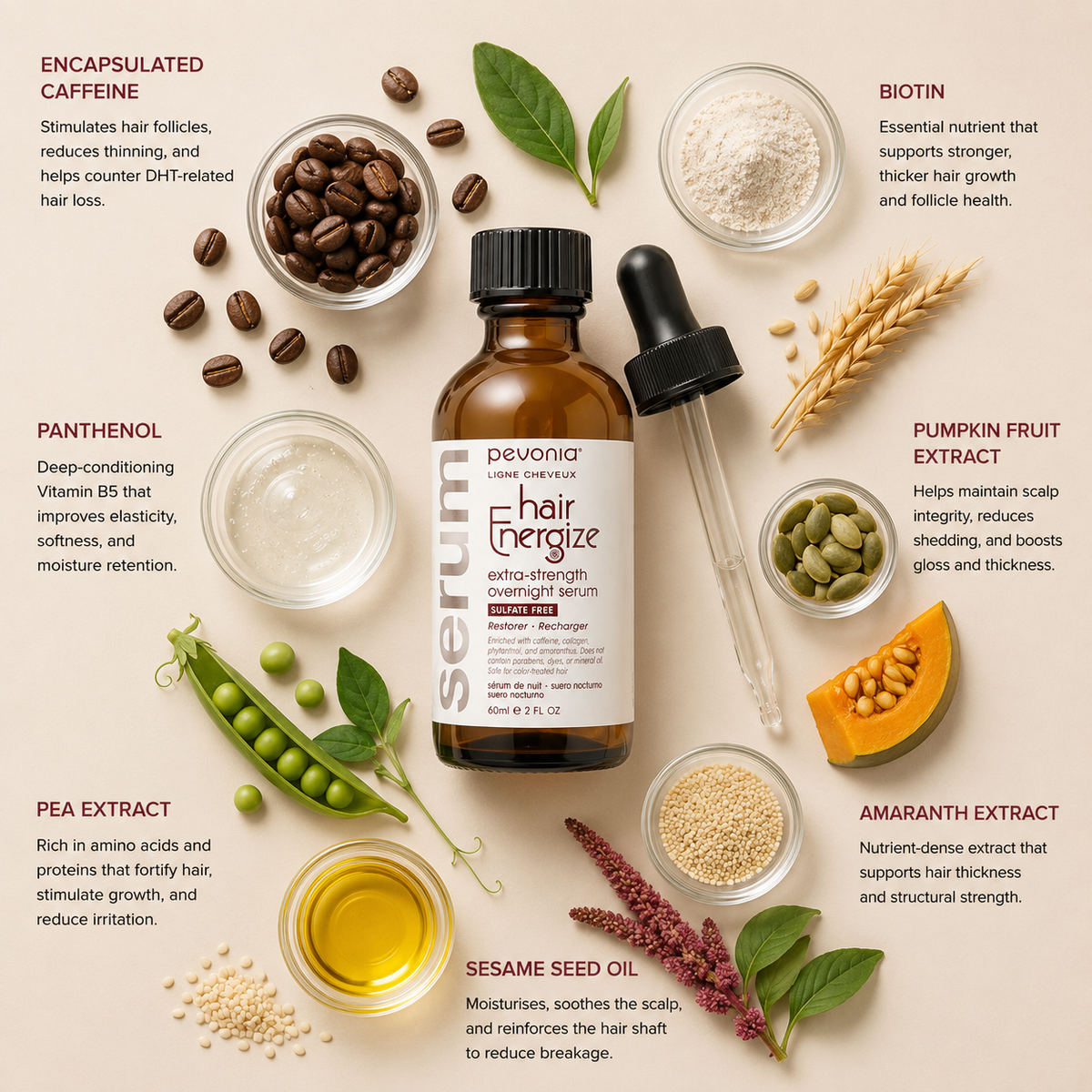 Pevonia Hair Energize Extra-Strength Overnight Serum ingredient flatlay featuring encapsulated caffeine, biotin, panthenol, pumpkin fruit extract, pea extract, amaranth extract and sesame seed oil arranged around amber dropper bottle on a soft neutral background