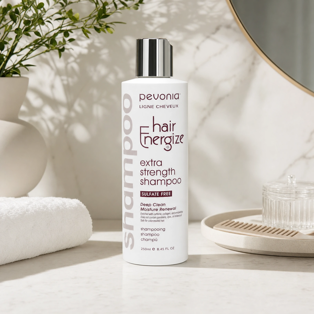 Pevonia Hair Energize Extra-Strength Shampoo 250ml on a luxury bathroom vanity for thinning, shedding and weak hair