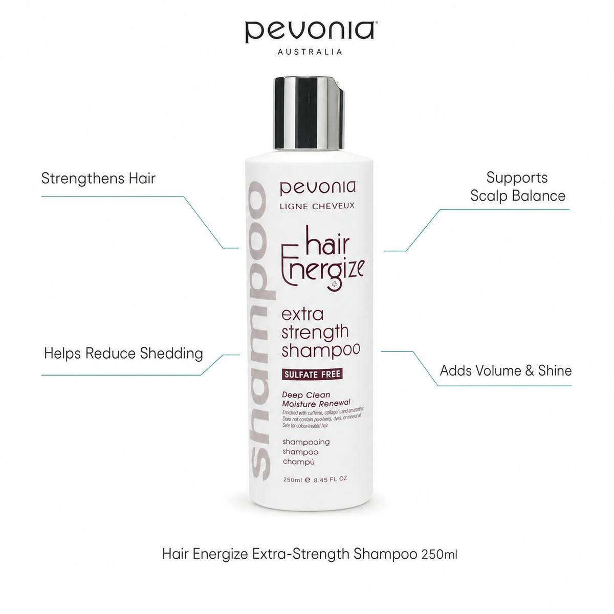 Pevonia Hair Energize Extra-Strength Shampoo 250ml with benefits for stronger hair, scalp balance, reduced shedding and volume