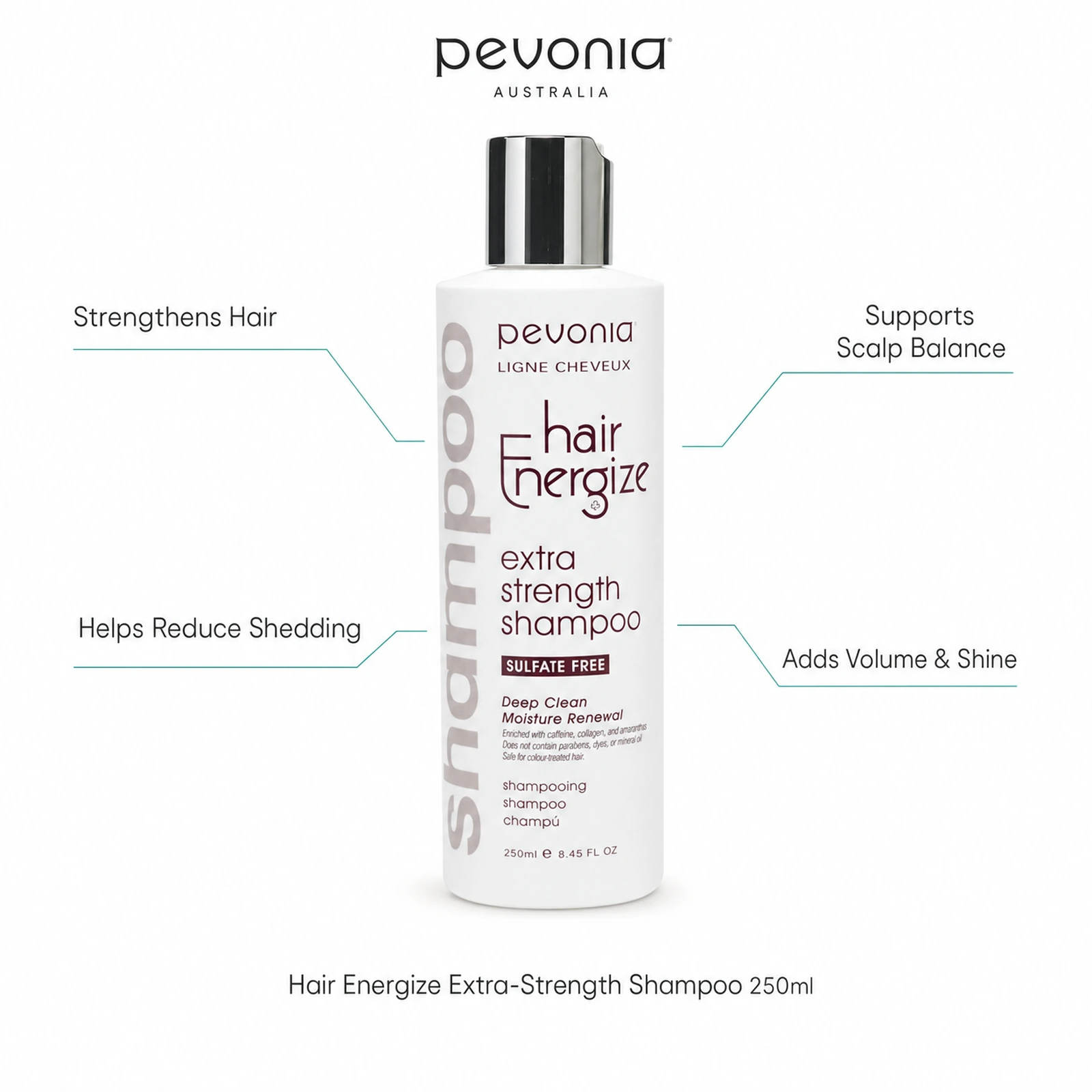 Pevonia Hair Energize Extra-Strength Shampoo 250ml with benefits for stronger hair, scalp balance, reduced shedding and volume