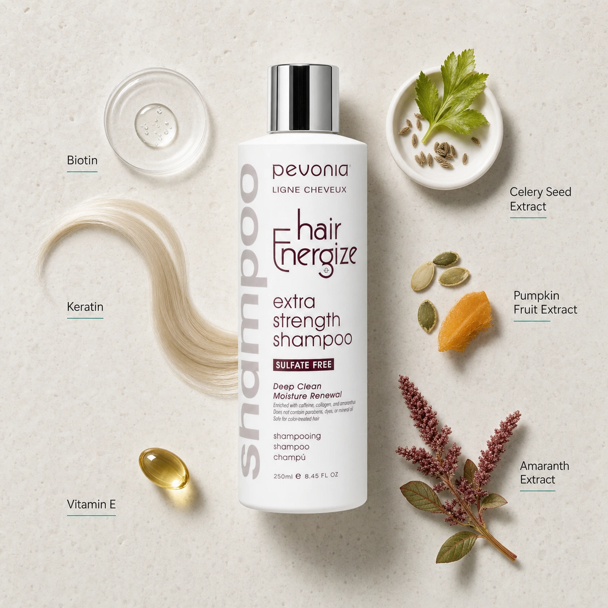 Pevonia Hair Energize Extra-Strength Shampoo 250ml ingredient flatlay with Biotin, Keratin, Vitamin E, Celery Seed Extract, Pumpkin Fruit Extract and Amaranth Extract