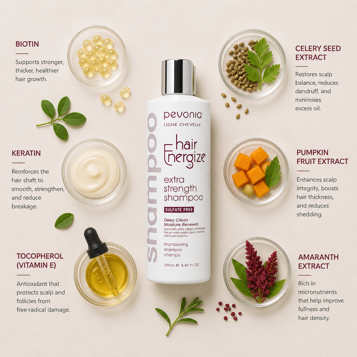 Pevonia Hair Energize Extra Strength Shampoo ingredient flatlay featuring biotin, keratin, vitamin E, celery seed extract, pumpkin fruit extract and amaranth extract arranged around product on a soft neutral background