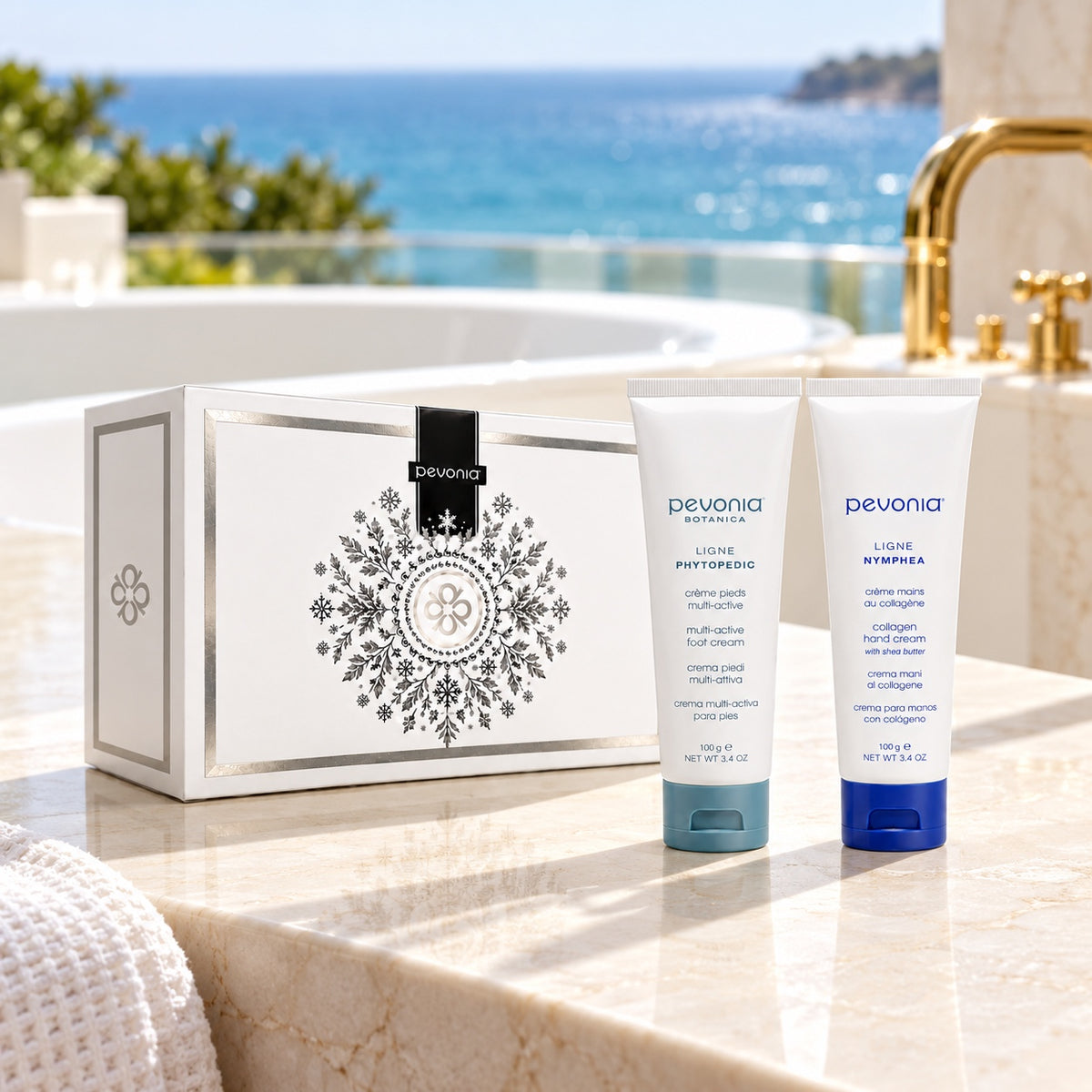 Pevonia Hand & Foot Gift Pack in an Australian summer Christmas setting. File: pevonia-hand-and-foot-gift-pack-australian-summer-2026.jpg